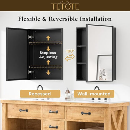 TETOTE 48" x 30" Medicine Cabinet Black Bathroom Mirror with Storage Beveled Aluminum Frame Stepless Adjustable Shelves, Wall-Mounted or Recessed