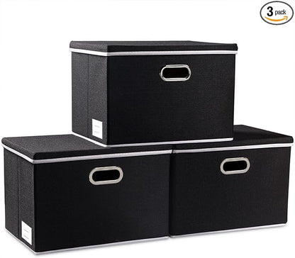 PRANDOM Extra Large Collapsible Storage Bins with Lids [3-Pack] Linen Fabric Foldable Storage Baskets Boxes Organizer Containers Cube with Cover for Bedroom Closet Office Nursery (22.8x15.7x13.8)