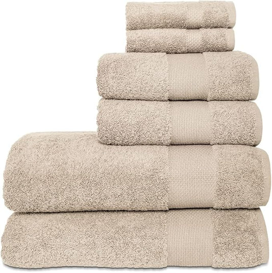 Hencely 6-Piece Bath Towel Set - High Absorbency, Quick Drying - 100% Soft Turkish Cotton - 2 Bath Towels, 2 Hand Towels, 2 Washcloths - for Bathroom, Home, Hotel, Spa, and Gym - 6-Pack Beige