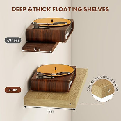 Vivelove 12 Inch Deep Floating Shelves 36 inch Long, 2 Inch Thick Wall Shelves with Invisible Brackets, Shelf for Bedroom Bathroom Living Room Kitchen Office Home Decor, Modern Shelf Set of 2, Oak
