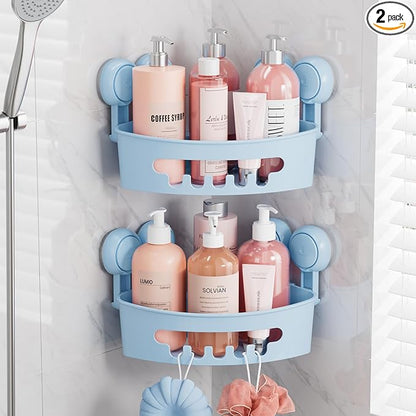 TAILI Suction Corner Shower Caddy, Bathroom Shelf Storage Basket Wall Mounted Organizer for Shampoo, Conditioner, Plastic Rack for Kitchen and Bathroom, Drill-Free Removable -BLUE
