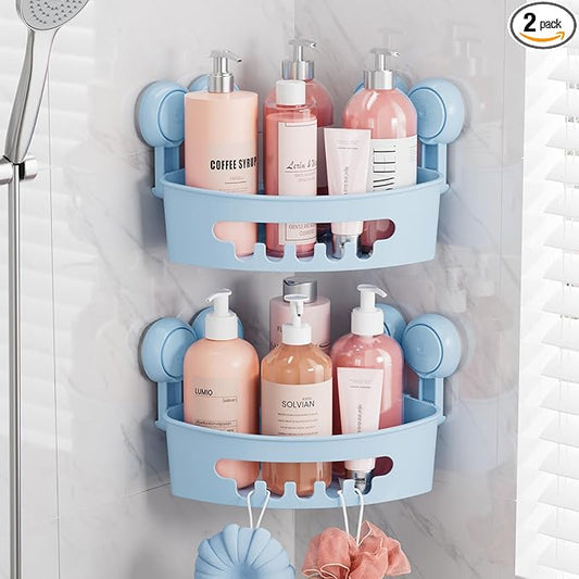 TAILI Suction Corner Shower Caddy, Bathroom Shelf Storage Basket Wall Mounted Organizer for Shampoo, Conditioner, Plastic Rack for Kitchen and Bathroom, Drill-Free Removable -BLUE