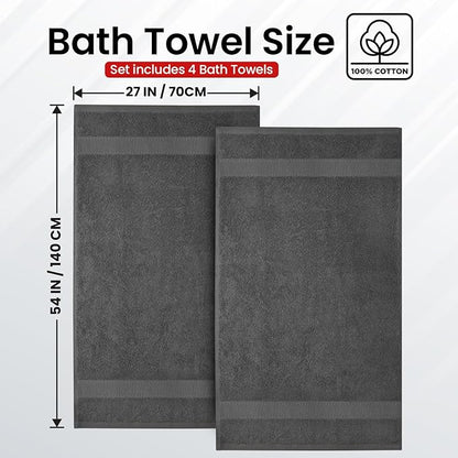 Infinitee Xclusives Luxury 100% Ring-Spun Cotton Bath Towels Set of 4 (27x54 inches) – Soft, Absorbent & Quick-Drying Towels for Bathroom, Gym, Spa & Hotel Use (Shadow Grey, Bath Towels)