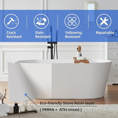 Cpingao 71" Stone Resin Freestanding Bathtub, Contemporary Oval Solid Surface Soaking Stand Alone Tub, Matte White, Drain & Overflow Included 8816-1800