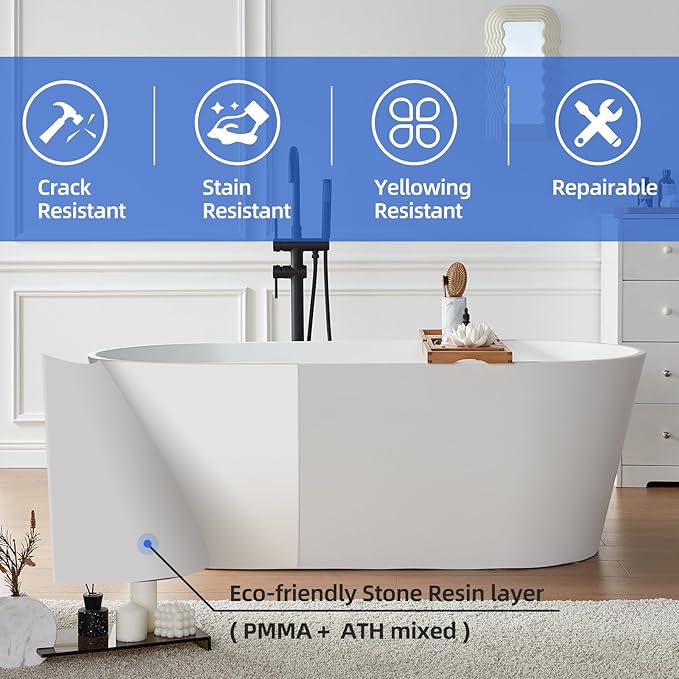 Cpingao 67" Solid Surface Freestanding Bathtub, Modern Oval Stone Resin Stand Alone Soaking Tub with Drain & Overflow, Matte White 8816-1700