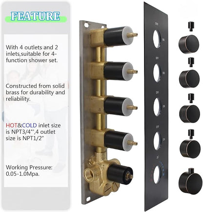 HOMEDEC Oil Rubbed Bronze Brass 4 Way Shower Valve and Trim Kit, Thermostatic Shower Mixer Diverter Valve Faucet Replacement, Water Inlet 3/4"(Vertical installation, 5 Handles)