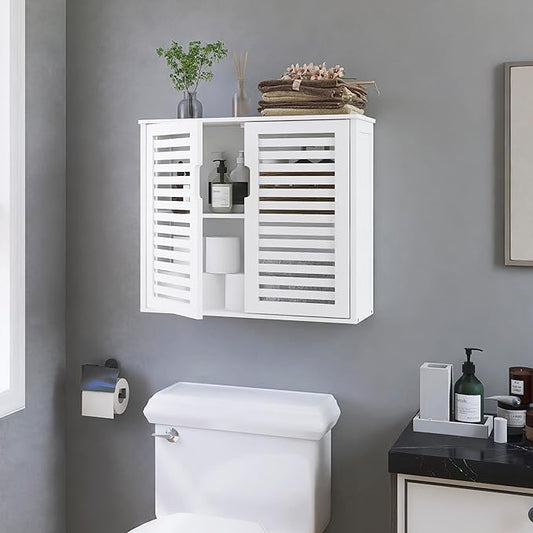 HITNET White Bathroom Cabinet Over Toilet, Bamboo Hanging Medicine Cabinet, Wall-Mounted Storage Organizer, Kitchen Cupboard with Double Doors and Adjustable Shelf
