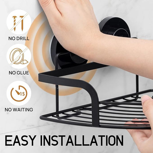 LEVERLOC 2 Pack Strong Suction Cup Corner Shower Caddy, Large Capacity Removable Bathroom Organizer, Stainless Steel Rustproof Shower Shelves with Hook, Drill-Free Wall Mounted Suction Basket, Black