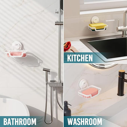 TAILI Soap Holder Bar Dish Suction Cup, Bar Shampoo Rack for Shower Wall, Draining Soap Saver Tray for Bathroom, Rustproof Stainless Steel Sponge Holder for Tub, Kitchen, Drill-Free, White