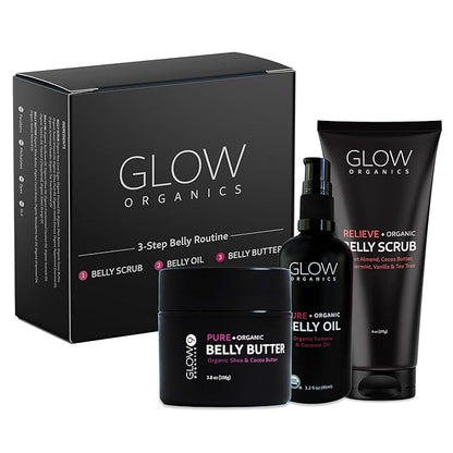 Glow Organics Stretch Mark Cream Belly Butter, Scrub and Oil, 3-Step Pregnancy Skin Care Kit, Belly Butter for Stretch Marks, Organic, Pregnancy & Baby Registry Must Haves, Mother To Be Gift.