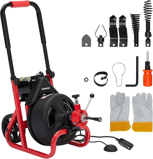Heavy Duty Electric Drain Cleaner Machine, 75 Ft x 1/2 Inch Sewer Snake, 370w Auto-Feed, 6 Interchangeable Cutters, Gloves, Portable Pipe Cleaning Tool for 2-4 Inch Pipes