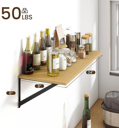 Fun Memories Deep Floating Shelves for Wall, 24W x 8D Wall Mounted Shelves Set of 2, Wide Display Ledge Shelf with Sturdy Metal Brackets for Living Room, Bathroom, Bedroom and Kitchen, Oak