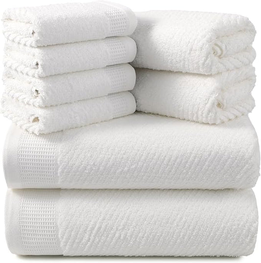 REDKISS Luxury Bath Towel Set of 8, 100% Cotton Bathroom Towels Set with 2 Bath Towels, 2 Hand Towels, 4 Washcloths, Ultra Soft Highly Absorbent Towels for Bathroom, Gym, Hotel, Spa, White