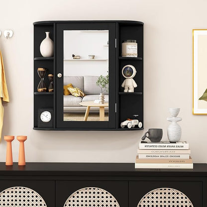 RELAX4LIFE Bathroom Wall Cabinet with Mirror - Medicine Cabinet w/Door, 6 Open Shelves & Adjustable Shelves, Over The Toilet Storage Cabinet Organizer, Mirrored Bathroom Cabinet Wall Mount (Black)