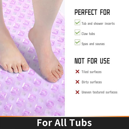 Yimobra Bathtub Mat Non Slip, Super Strong Suction Cups, 27.5"x15.5" Long Shower Mat with Drain Holes, Machine Washable Fast Draining Bath Mats, Bathroom Essentials,Clear Purple
