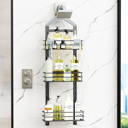 Orimade Adjustable Anti-slip Shower Caddy over Head, Rustproof Bathroom Hanging Shower Organizer with 2 Hooks for Razor, No Drilling Shower Shelves Storage Rack 3 Tier, Grey