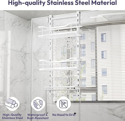 SWTYMIKI Over the Door Shower Caddy - 3 Tier Adjustable Shower Organizer Hanging with Soap Holder, No Drilling Stainless Steel Bathroom Hanging Caddy for Body Wash, Shampoo, Soap, Razor, White