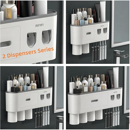 No-Drill Wall Mounted Toothbrush Holder, Bathroom Shelf, with Automatic Toothpaste Dispensers 6 Brush Hooks Magnetic Cups 1 Cosmetic Drawer Organizer and Large Storage (2 Dispensers 3 Cups)