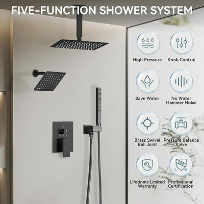 Shower Faucet Sets Matte Black Shower System,Bostingner Five Function Diverter Shower Faucets with 2 in 1 Handheld,10'' Ceiling Mount and 6’‘ Wall Mount Shower Head Rainfall Shower Set with Valve