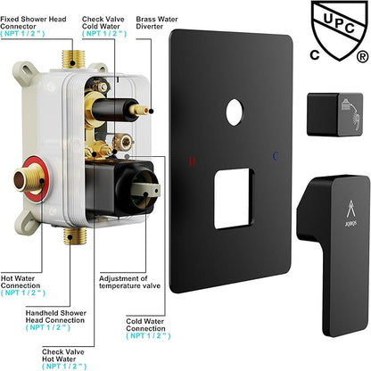 Shower System Modern Rain Brass Faucet Set With Valve and Diverter Shower Mixer With Handheld High Pressure Square Rainfall Shower Valve (12'' Wall Mount, Matte Black)