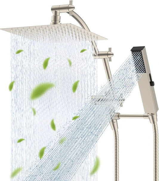 Hibbent All Metal CUPC Certified 8'' Rainfall Shower Head, Dual Shower Head Combo, High Pressure Handheld 4 Sprays Shower Wand, 16'' Adjustable Extension Arm, 71'' Hose, Shower Holder, Brushed Nickel