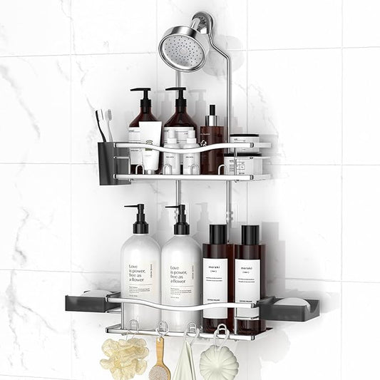 REINHARDT Shower Caddy Hanging, Rustproof Shower Caddy Anti-Swing Shower Organizer Over Showerhead No Drilling Shower Racks with Soap Holder Multi Hooks Bathroom Storage for Shampoo Sponge, Silver