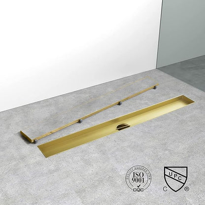 Linear Shower Drain, 48 inch Gold Drain with Tile Insert 2-in-1 Panel, Brushed 304 Stainless Steel Gold Shower Floor Drain, Linear Drain with Hair Strainer and Adjustable Feet