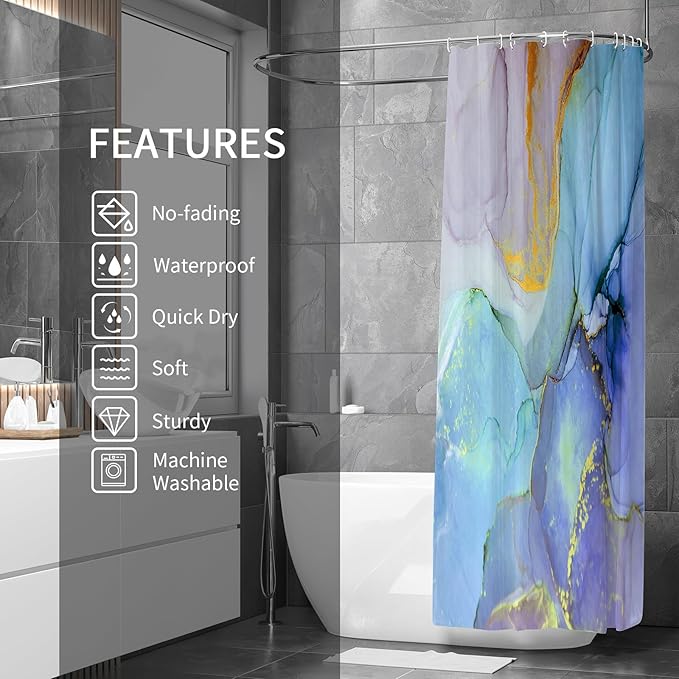 Gibelle Extra Long Shower Curtain 72 x 84, Tall Abstract Marble Fabric Shower Curtain, Blue Purple Jade Texture Gold Stripes Ombre Ink Art Decor Bathroom Curtains Set