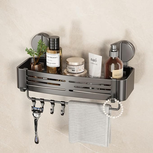 VOLPONE Shower Caddy Suction Cup No Drilling Suction Cup Shower Shelf Heavy Duty Bathroom Shower Organizer Storage Rack Adhesive with Towel Bar Hooks (1-Pack, Matte Gray)