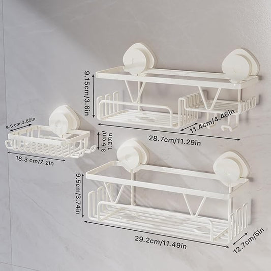 KEGII Shower Caddy Suction Cup – 3 Pack Suction Bathroom Organizer Shelf with Soap Holder & Hooks, Rustproof Removable Shower Organizer for Shampoo, Metal Bathroom Storage Rack, Cream White