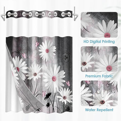 No Hook Pink White Daisy Butterfly Shower Curtain with Snap in Fabric Liner Set, Grey Farmhouse Double Layers Waterproof Fabric with See Through Top Window Open Grommet Bath Curtain 71x74 Inch