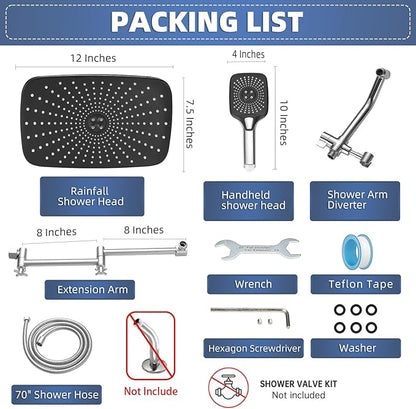 12" High Pressure Rain/Rainfall Shower Heads With Handheld Spray Combo (3+1 Settings & Built-in Power Wash Mode), Double/Dual Shower Head With Handheld - Height/Angle Adjustable(Polished Chrome)