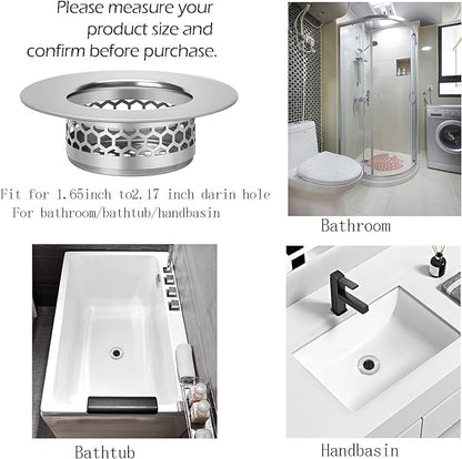 Hair Catcher Shower Drain Bathtub Lavatory Sink Drain Strainer for Laundry, Mop Pool, Utility, Slop, RV Sink, Stainless Steel Drain Filter。Fit Hole Size from 1.65-2.17" ，2Pack (1.5”)