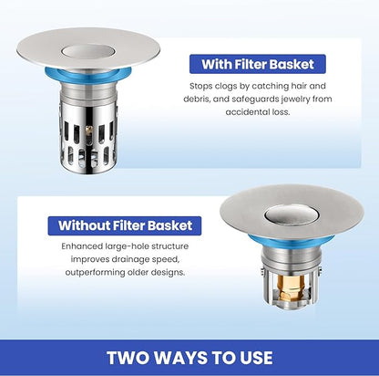 Universal Bathroom Sink Stopper, Pop Up Sink Drain Strainer Plug with Removable Stainless Steel Filter Basket Hair Catcher,Brass Body,Bathroom Bathtub Drain Stopper(2 PCS),Brushed Silver