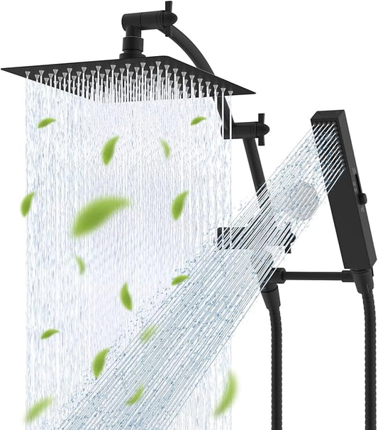 Hibbent All Metal CUPC Certified 8'' Rainfall Shower Head, Dual Shower Head Combo, High Pressure Handheld 4 Sprays Shower Wand, 16'' Adjustable Extension Arm, 71'' Hose, Shower Holder, Matte Black