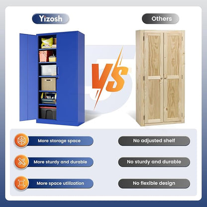 Yizosh Metal Garage Storage Cabinet with 2 Doors and 5 Adjustable Shelves - 71" Steel Lockable File Cabinet,Locking Tool Cabinets for Office,Home,Garage,Gym,School (Blue)