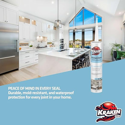 Kraken Bond Premium Kitchen and Bathroom Silicone Caulk White - (2x10.1 fl.oz) RTV White Caulking Silicone Waterproof for Kitchen, Bathroom, Shower, Sink, Anti Shrink 100% Silicone Caulking | 48 Pack