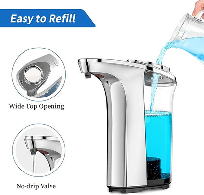 Automatic Soap Dispenser, Touchless Sensor Hand Soap Dispenser 17oz/500ml Silver, Adjustable 5 Dispensing, Refillable Reservoir, Battery Powered for Kitchen & Bathroom