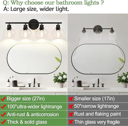 2025 Upgrade 4-Light Bathroom Light Fixtures, Black Bathroom Lights Over Mirror with Clear Glass Globe Shade, Vanity Lights for Bathroom Kitchen Living Room Hallway Cabinet Bedroom Porch
