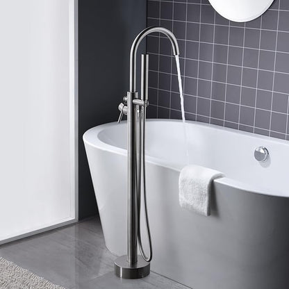 Freestanding Tub Filler Bathtub Faucet Brushed Nickel Floor Mount Single Handle Brass Faucets with Hand Shower