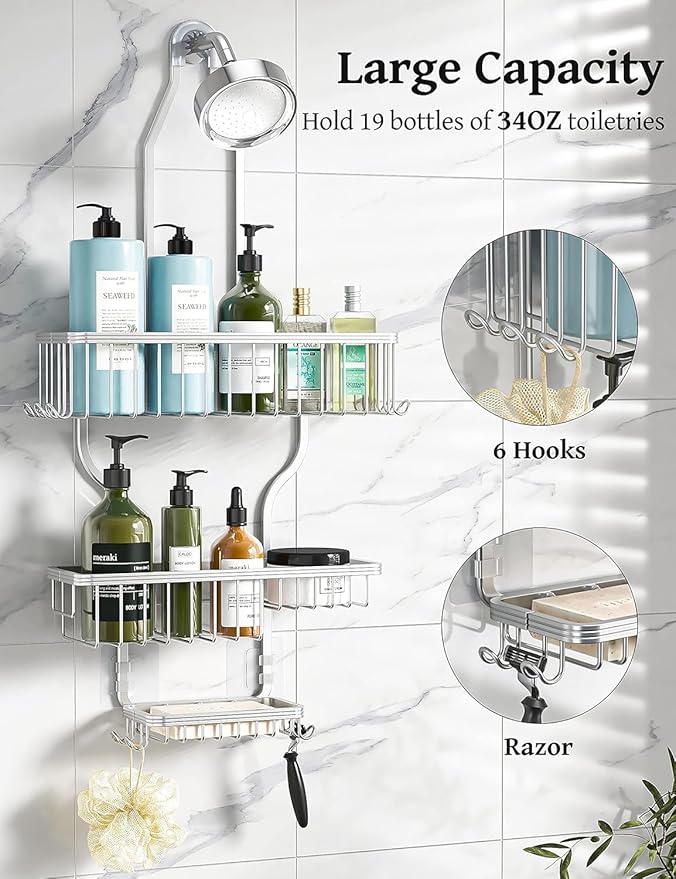 YASONIC Shower Caddy Hanging - Never Rust Shower Organizer - Aluminum Over The Head Caddy with 10 Hooks for Razor/Sponge - Rack with Soap Basket - Silver