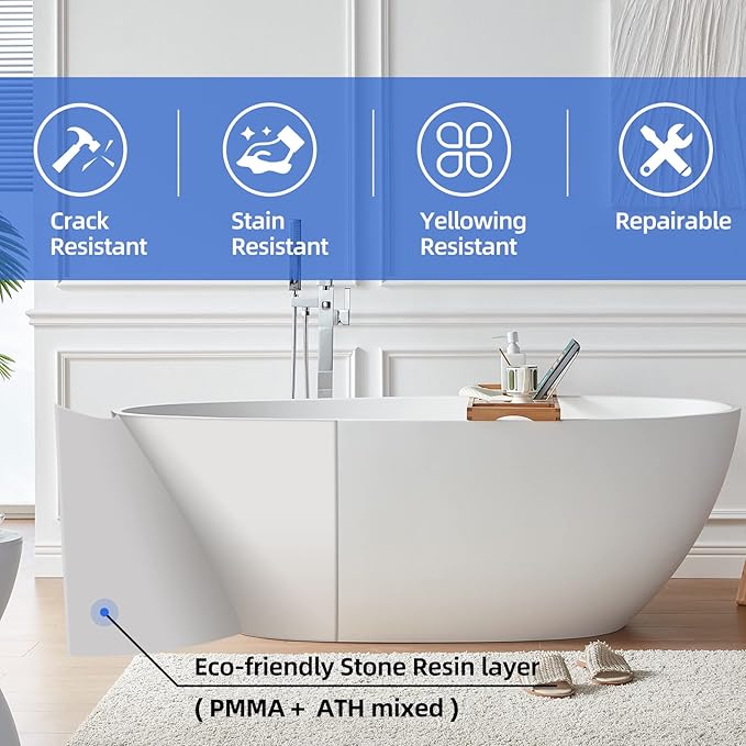 Cpingao 55" Freestanding Bathtub, Oval Shaped Stone Resin Freestanding Tubs, Solid Surface Matte White Soaking Tub with Overflow and Pop-up Drain