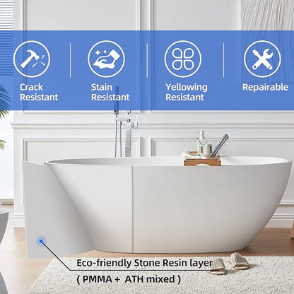 Cpingao 67" Freestanding Bathtub, Oval Shaped Stone Resin Freestanding Tubs, Solid Surface Matte White Soaking Tub with Overflow and Pop-up Drain 8801-1700