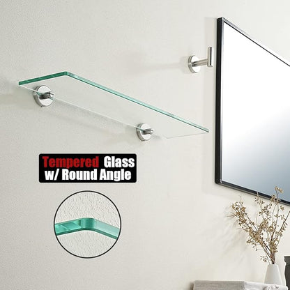 JQK Bathroom Glass Shelf, Tempered Glass Shower Storage 24 by 5 inches, 304 Stainless Steel Brushed Finish Wall Mount, TGS101L24-BN