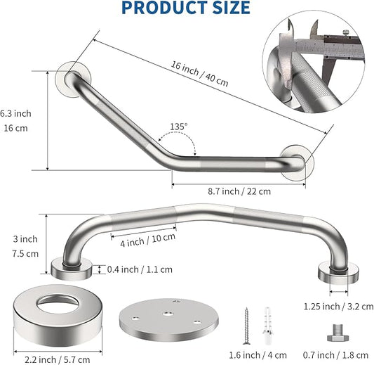 16 Inch Angled Shower Grab Bar, Munzong 2 Pack Anti Slip Satin Brushed Nickel Bathroom Grab Bar, Knurled Bathroom Balance Bar,Safety Hand Rail Support Handicap Elderly Injury Senior Assist Bath Handle