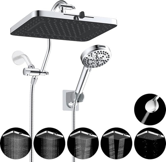 Hibbent cUPC Certified High Pressure 13'' Dual Shower Head Combo with 10-mode Handheld Spray, Upgraded Rainfall 5-spray Shower Head, 12'' Adjustable Extension Arm, 71'' Hose, Showerhead Holder, Chrome
