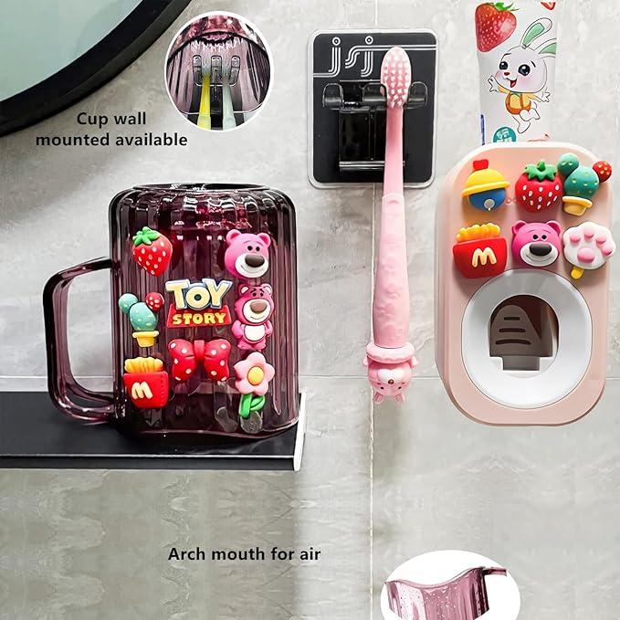Automatic Toothpaste Dispenser & Toothpaste Holders and Wall Mounted Cup 3 Piece in a Set, is Wall Mounted for Bathroom,Toothpaste Squeezer for Kids & Family Shower by Mr. Thumbs(Pink Set)