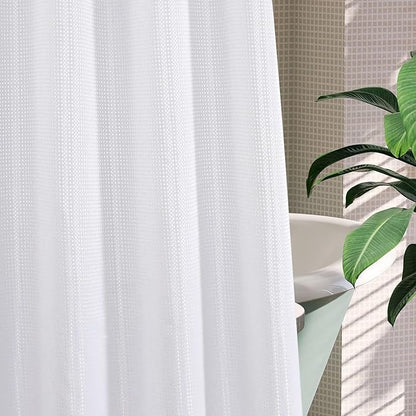 MitoVilla No Hooks Need White Waffle Shower Curtain Liner Set, Modern Waffle Weave Fabric Shower Curtains with Snap-in Liner for Luxury Hotel Grade Spa-Like Bathroom Decor, 72 x 74