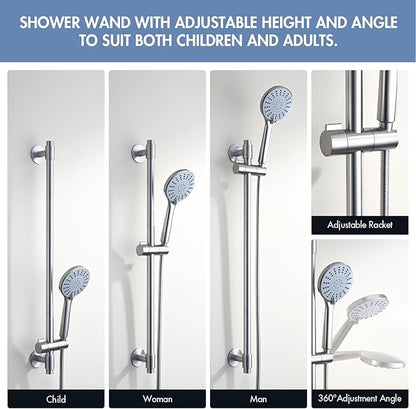 Adjustable Shower Slide Bar with 5-Function Handheld Shower Head, Stainless Steel Drill-free Mounted Slide Bar Combo with Extra Hose (Brushed Nickel)