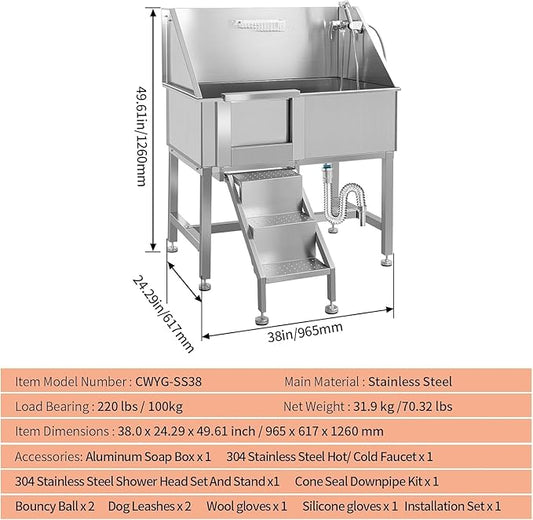 38" Professional Dog Wash Station, Stainless Steel Dog Grooming Tub for Large, Medium & Small Pets - with Anti-Slip Stairs, Drain & Door, Silver